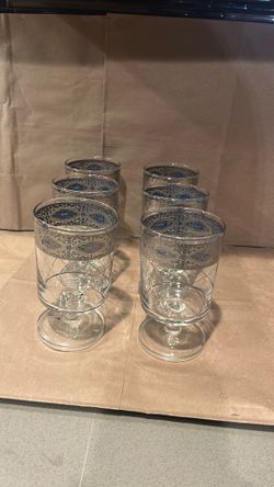 Set of 6 Mid-Century Culver Moroccan Blue & Silver Stemmed Cocktail Glasses