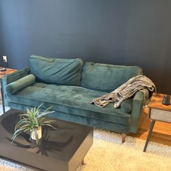 Green Velvet Mid-Century Tufted Sofa with Bolster Pillows - Good for Small Spaces