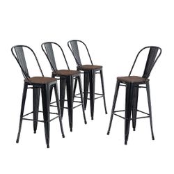New 30” High Back Bar Stools with Wood Seat Set of 4 Metal Stool Glossy Black