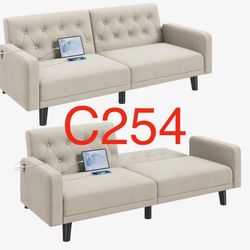 C254. 63" Convertible Couch Small Futon Sofa Bed with 2 USB Ports