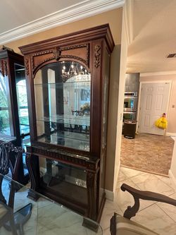 Hand carved wood and marble china cabinets