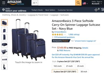 AmazonBasics 3 Piece Softside Carry-On Spinner Luggage Suitcase Set - Navy Blue