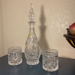 Crystal Liquor Bottle, Stopper With 2 Glasses