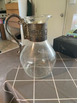 Vintage Style Glass Pitcher / Vase with Ornate Metal Handle