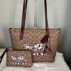Coach Fiona Zip Tote Bag In Signature Canvas With Horse And Carriage 