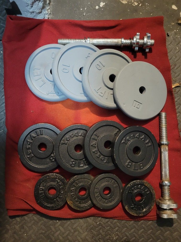 1" HOLE  ADJUSTABLE DUMBBELLS 82LBs.  
4-10s. 4-8s. 4-2.5s 
11525 S HALSTED DUNKIN DONUTS/
7111.S WESTERN WALGREENS 
70$  CASH ONLY AS IS 