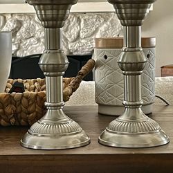 Vintage Pewter Round Base Candleholders. 9” Tall. Set Of 2