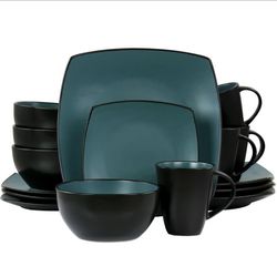 Soho Lounge 16- Piece Stoneware Square Dinnerware Set In Teal