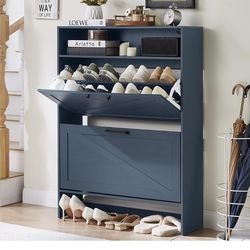 Shoe Storage Cabinet with 2 Flip Drawers,Farmhouse Narrow Shoe Organizer with Legs,Freestanding Hidden Slim Shoe Rack Cabinet with Open Storage for En