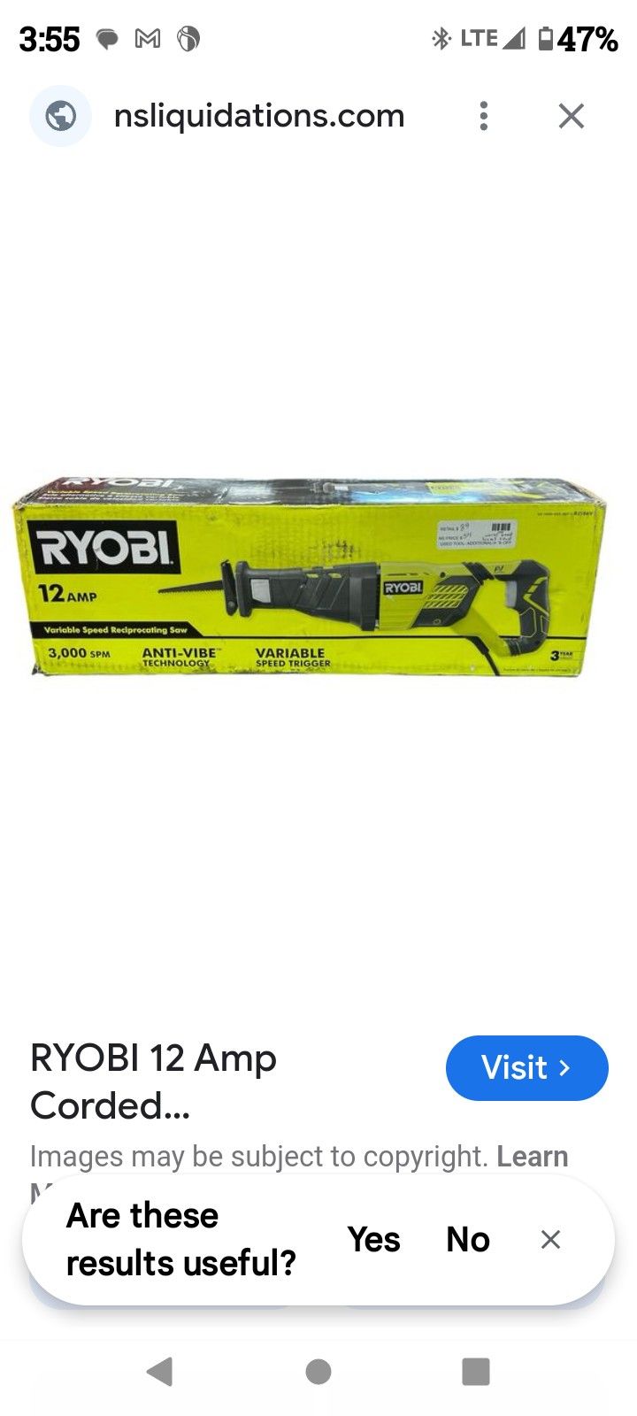 Ryobi 12 anp Reciprocating Saw