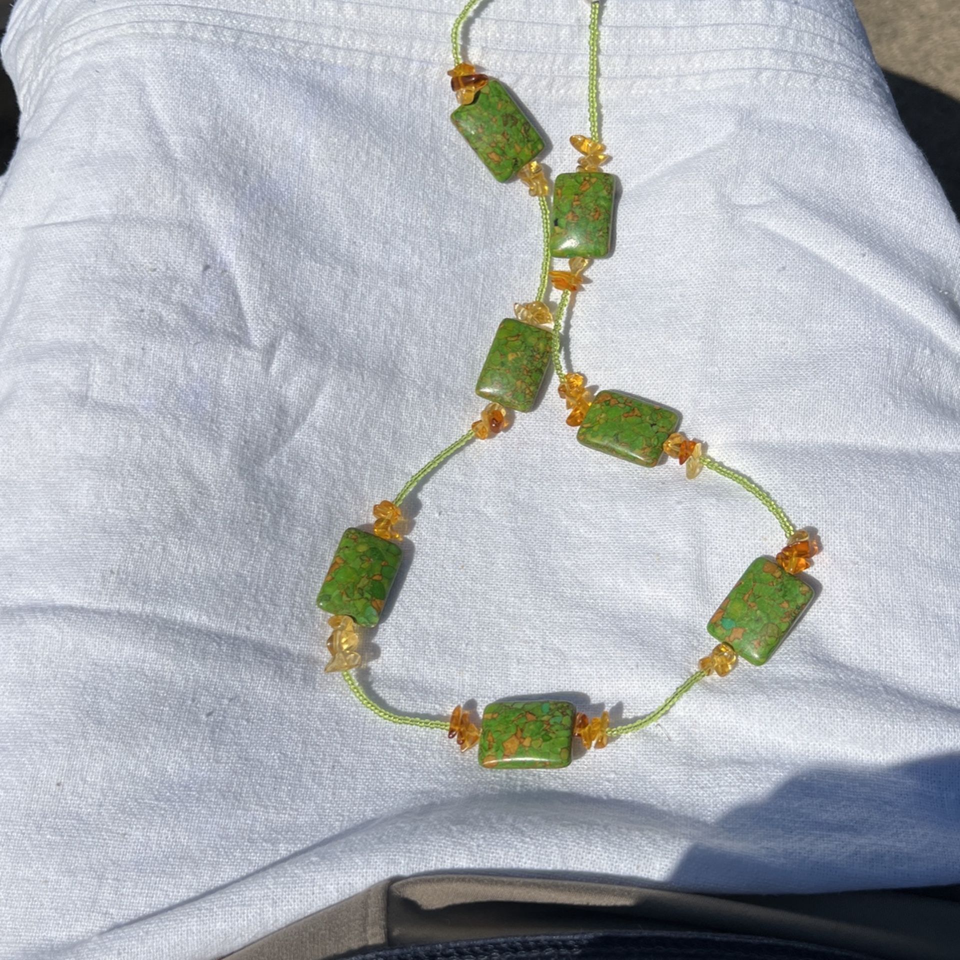 We Have Turquoise Shell Amber And Peridot Green Seed Bead Necklace