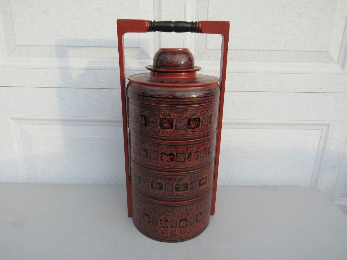 Burmese Hand Crafted Lacquered Large Wood Food Serving Baskets 21" Tall