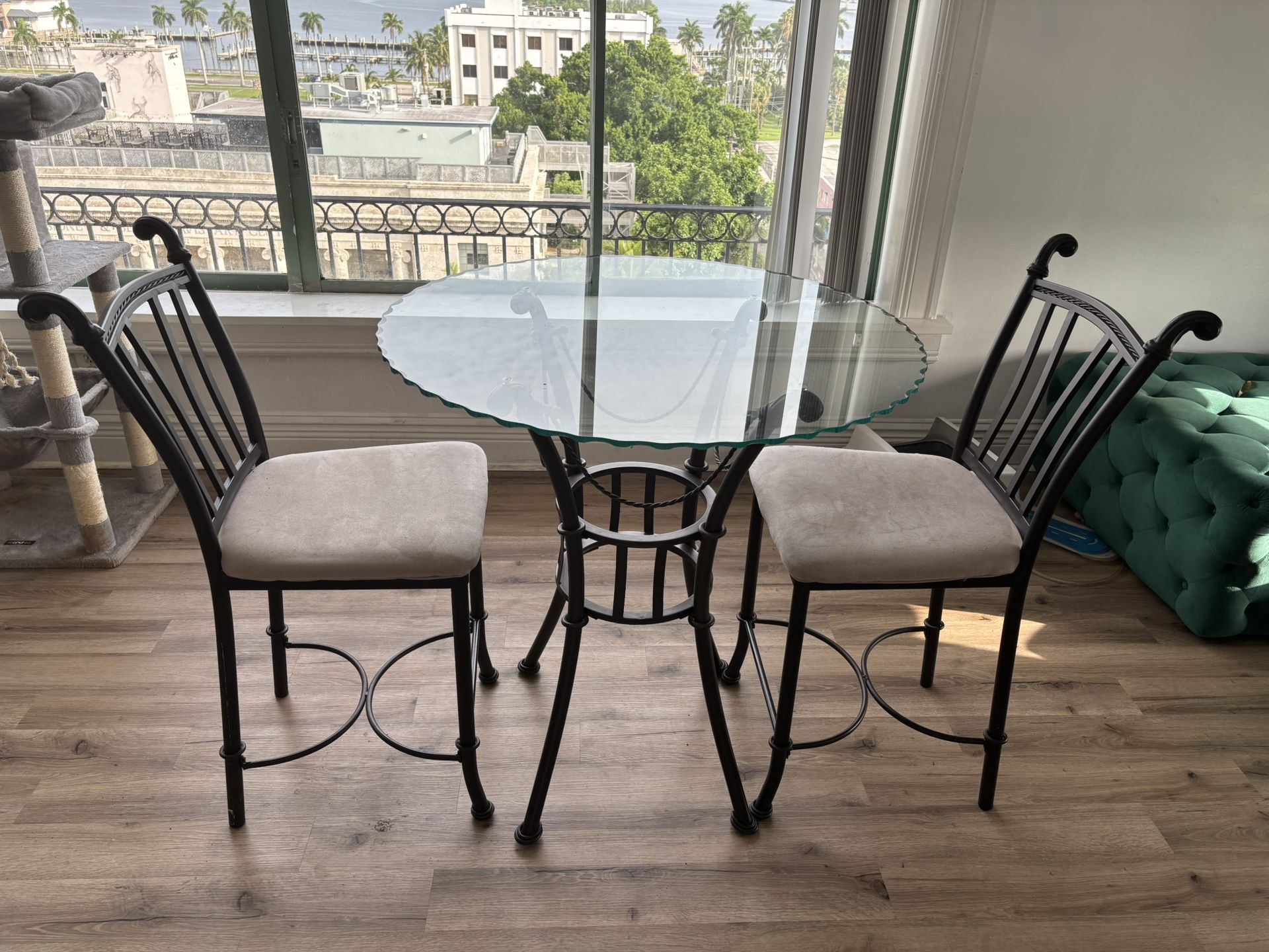 High Top Glass Table with 2 Chairs