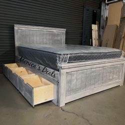 Queen Solid Wood Bed With 3 Drawers And Mattress $740