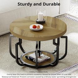 32" Round Coffee Table, Circle Coffee Table for Living Room with 2-Tier Storage Shelves, Pumpkin Accent Center Table with Wood Grain Desktop