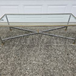 Vintage Maison Jansen Style Chrome and Brass Glass Top Coffee Table Mid-Century Modern 