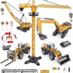 Large Crane Toys Trucks, Construction Truck Vehicles Toy with Metal Shovel Sand Toys, Interchangeable Excavator Tractor 