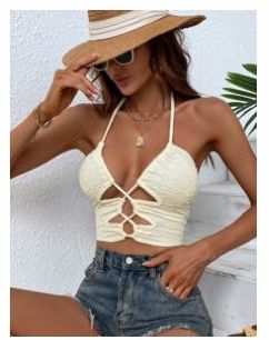 Lace-up Front Backless Textured Crop Halter Top