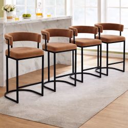 Set Of 4, 26in Barrel Counter Height Barstool Velvet Seat 