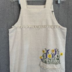 Dress Cotton Linen Embroidered Floral Pinafore Jumper Cottage Core Sleeveless Medium