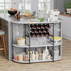 New Wine Rack Table with Plug and LED Light, Floor Bar Cabinet for Liquor and Glasses, Wooden Coffee Bar Cabinet with Adjustable Wine Rack, Freestandi