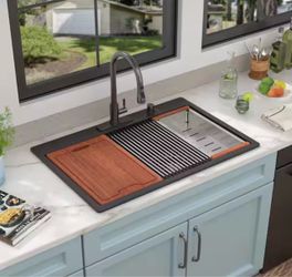 Fulorni 33" × 22" Drop-In Matte Black Quartz 50/50 Double Bowl Workstation Kitchen Sink Granite Composite Basin with Accessories