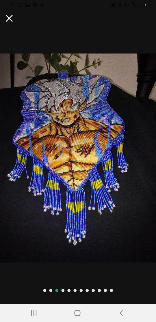  Goku  (A.U.I) Beaded Medallion Necklace w/leather back. Autonomous Ultra Instinct, dangling beads are dragon Ball fringe. OBO