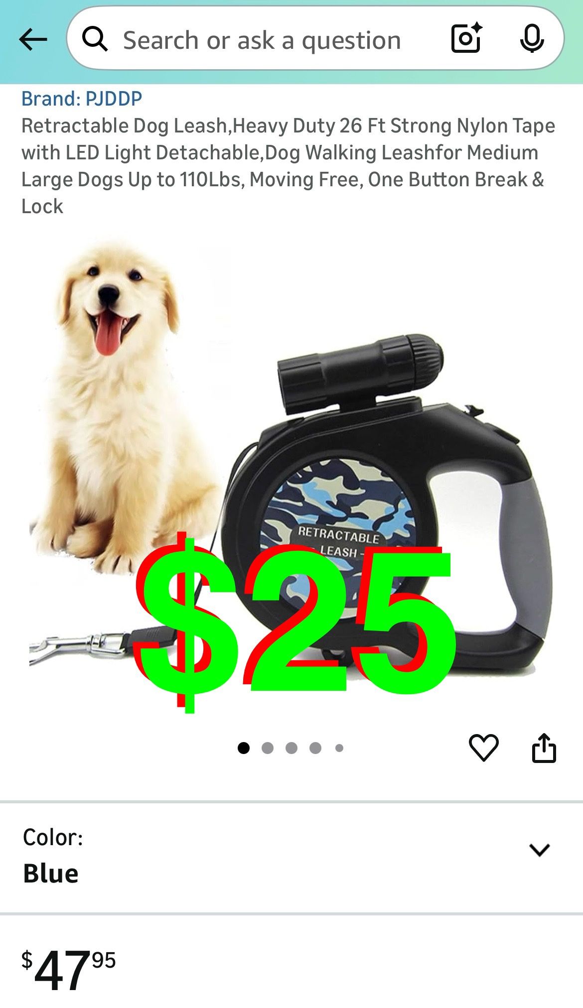 Retractable Dog Leash,Heavy Duty 26 Ft Strong Nylon Tape with LED Light Detachable,Dog Walking Leashfor Medium Large Dogs Up to 110Lbs, Moving