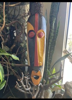 Hand Carved African Style Wooden Wall Mask 19.5" Elongated Tribal Decor
