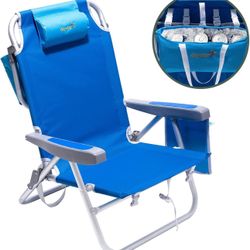 SUNNYFEEL Low Beach Chair 5 Position Lay Flat, Portable Folding Backpack Beach Chairs Heavy Duty with Cooler Bag, Cup Holder for Outdoor/Lawn/Trip/Pic
