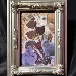 Original Victorian Rabbit Mixed Media Collage Art Gothic Vintage Frame Wall Art 