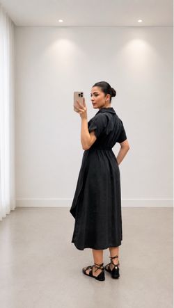 Black Midi Shirt Dress Short Sleeve