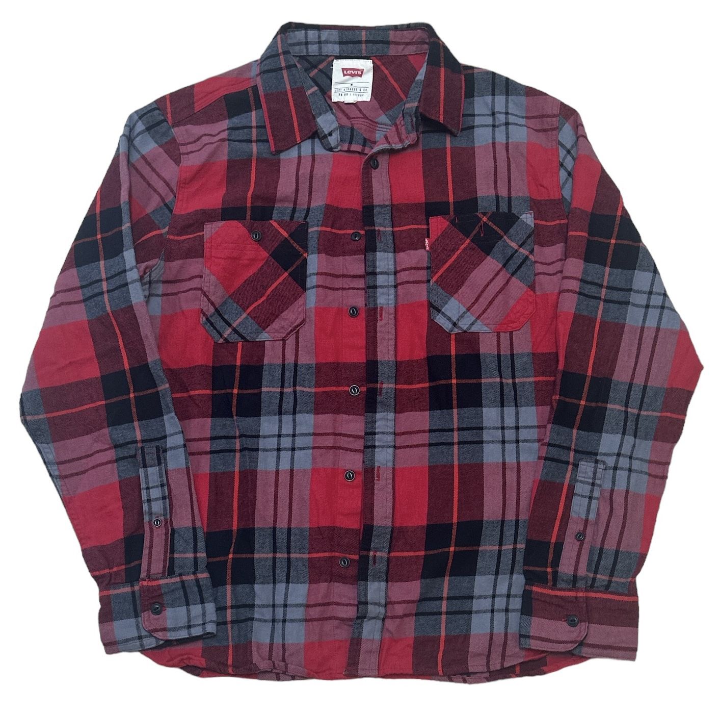Levi’s Button Up Shirt Men’s M Red Grey Plaid Flannel Pocket Preppy RN117508