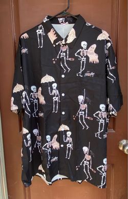 Black Skeleton Print Button-Up Short Sleeve Shirt
