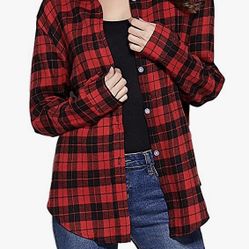GUANYY Women's Long Sleeve Casual (Red and Black Plaid , Large)