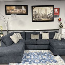 Navy Blue Sofa Sectional W/ Double Chaise
