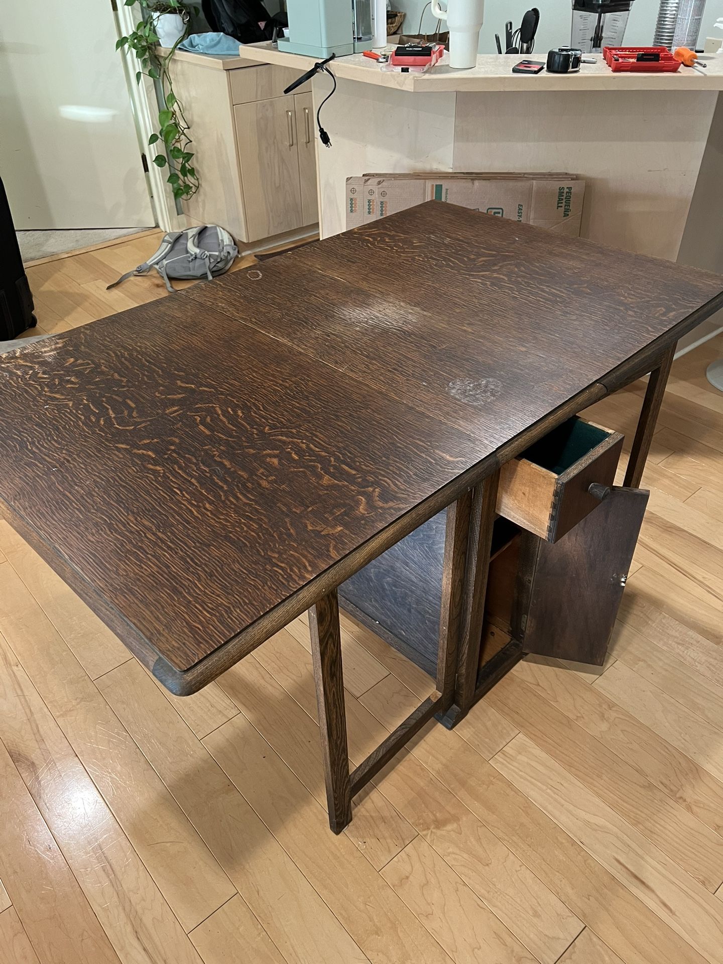 Antique Farmhouse Drop Leaf Table W/Storage