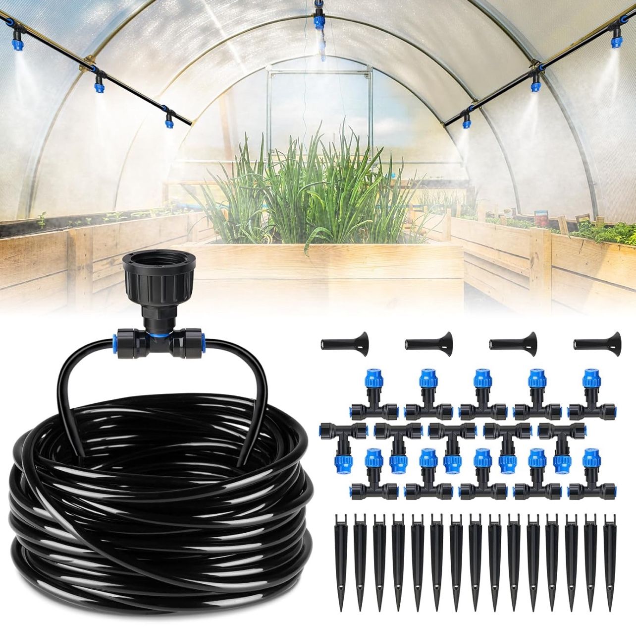 59FT Greenhouse Mist Drip Irrigation Kit, Hanging Plant Watering, Garden Watering System with 1/4" Blank Tubing and Misting Nozzles, Quick Connector D