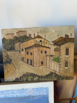 Original Oil Painting European Village Street Scene
