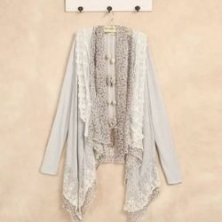 Floral Lace Cardigan Fashion Gray Blouse Womens Top ruffle layer