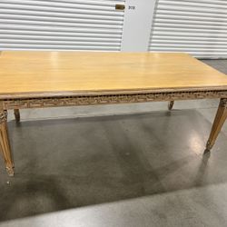 MCM luxurious XL 7 ft Dining table With glass Top Greek key motif along the apron and carved, fluted tapered legs