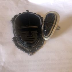 Antique Aztec Curved Warrior Mask Onyx Ring/pin or Brooch 