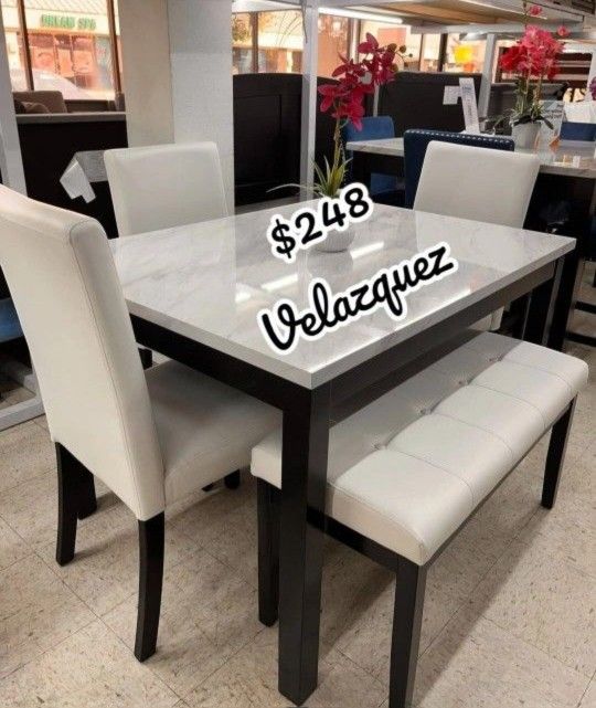 ✅️✅️ 5 pc dark finish wood faux marble top rectangular dining table set with bench ✅️✅️