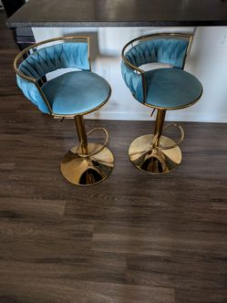 Teal Velvet Bar Stools with Gold Base – Set of 2