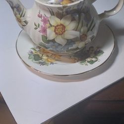 Tea Pot, Flowers, Smithsonian, Sadler, England With Matching Plate, 8".