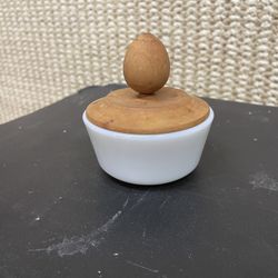 vintage Federal Glass bowl, featuring a milk  with a lathe-turned wooden lid.  Material: Milk glass Bowl with a natural wood Cover