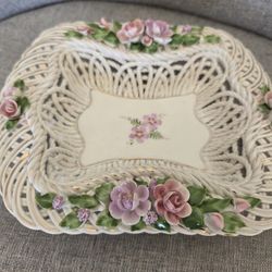 Vintage Capodimonte Porcelain Woven Basket with Hand-Painted Pink Roses