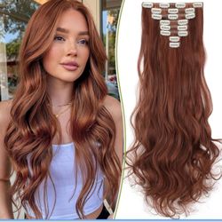 Fanguilar Clip in Hair Extensions, 8PCS 24 Inch Clip in Long Wavy Synthetic Hair Extensions Light Brown mix Light Auburn Fiber Double Weft Natural Hai
