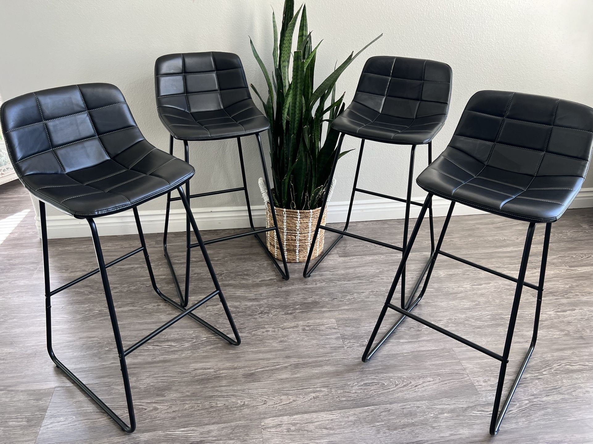 30 in. Black Mid Century Modern Faux Leather Low Back Metal Frame Bar Stools (Set of 4)