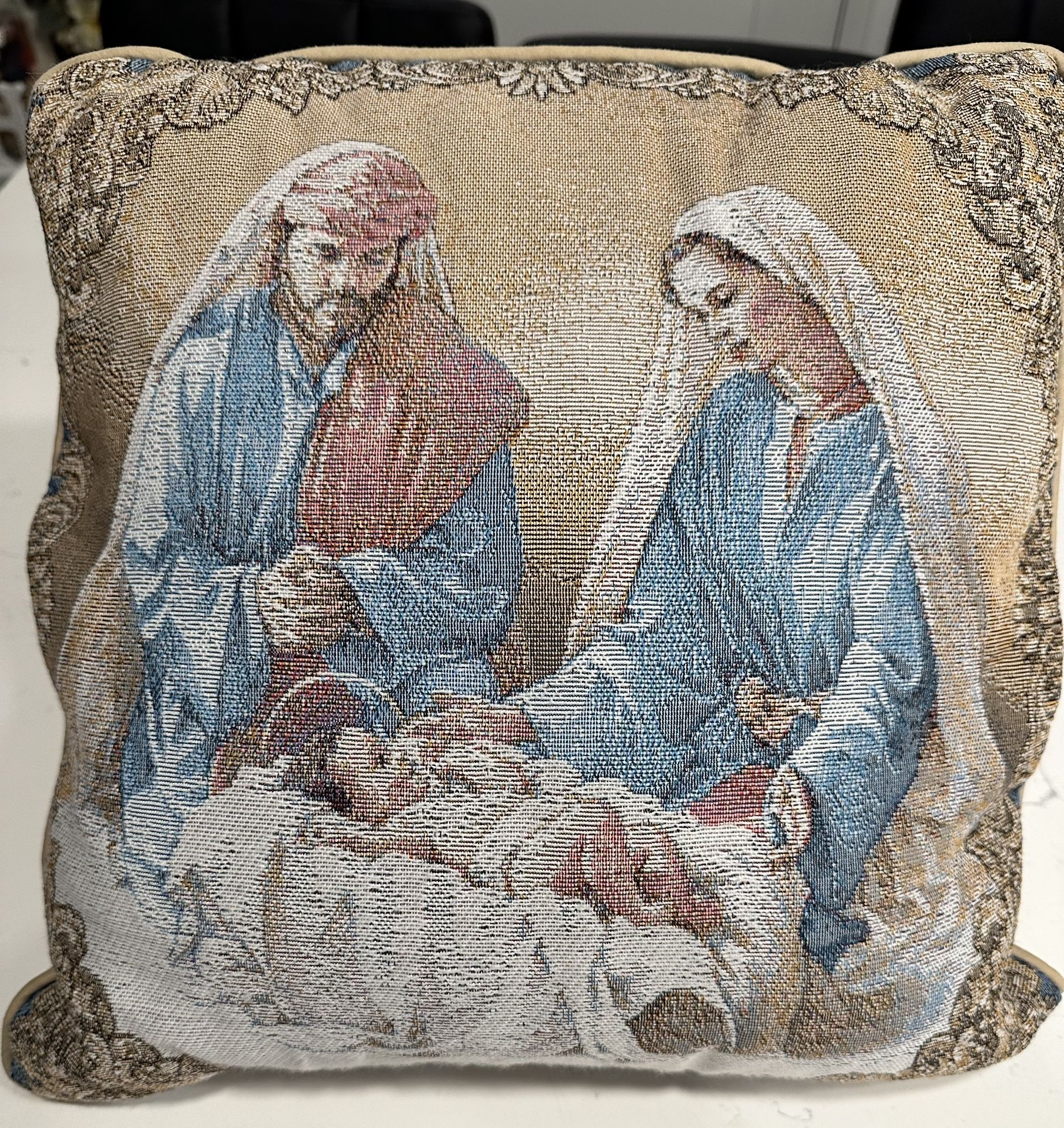 Vintage Christmas Tapestry Throw Pillow Nativity Mary Joseph Jesus Religious